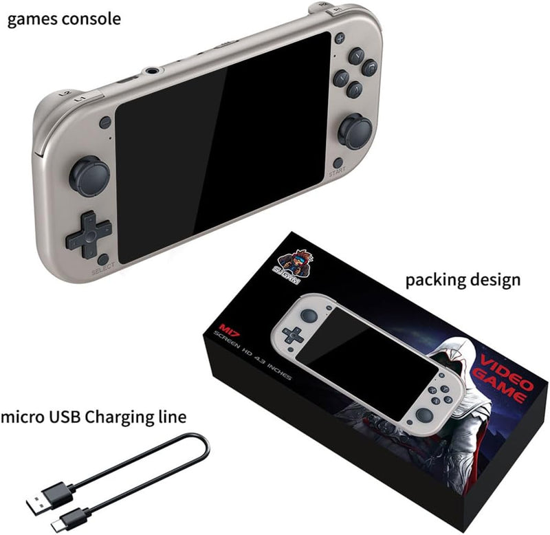 M17 Handheld Game Console Built-in 10000 Games, 4.3-Inch IPS Screen Retro Video Gaming Console Cortex-A7 CPU, Linux/Emelec 4.3 System 3D Joystick - 64GB Silver