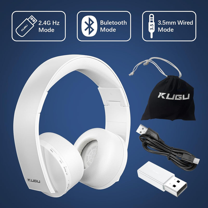 KUGU Multi-Plalform 3D Wireless Gaming Headset with 7.1 Virtual Surround Sound & Internal Microphone, For PS5, PS4, PC, Switch, and Bluetooth devices - White