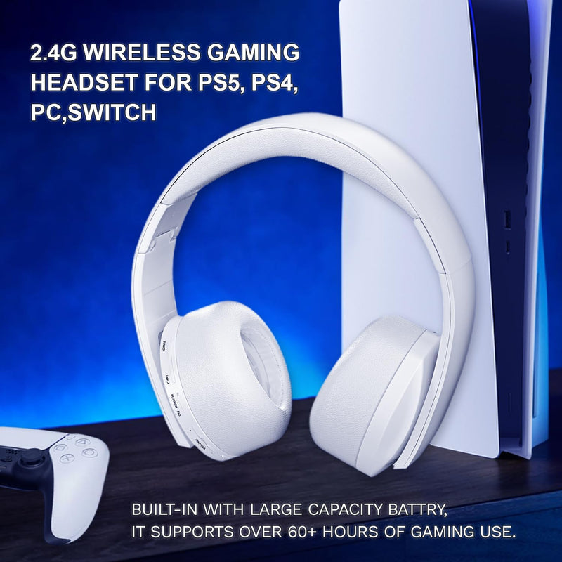 KUGU Multi-Plalform 3D Wireless Gaming Headset with 7.1 Virtual Surround Sound & Internal Microphone, For PS5, PS4, PC, Switch, and Bluetooth devices - White