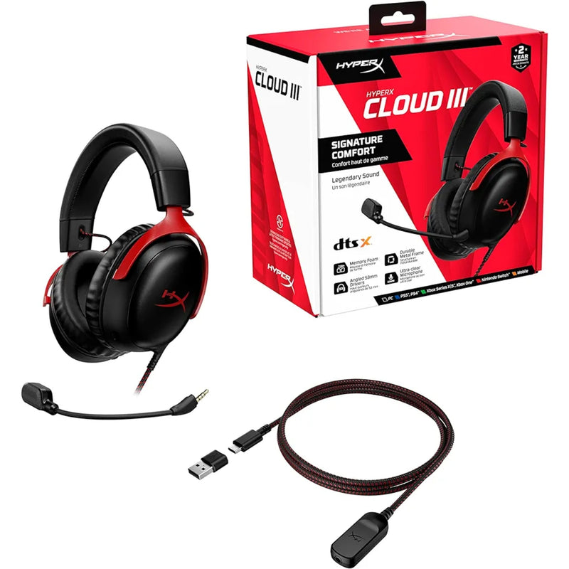 HyperX Cloud III – Wired Gaming Headset, PC, PS5, Xbox Series X|S, Angled 53mm Drivers, DTS Spatial Audio, Memory Foam, Durable Frame, Ultra-Clear 10mm Mic, USB-C, USB-A, 3.5mm – Black/Red