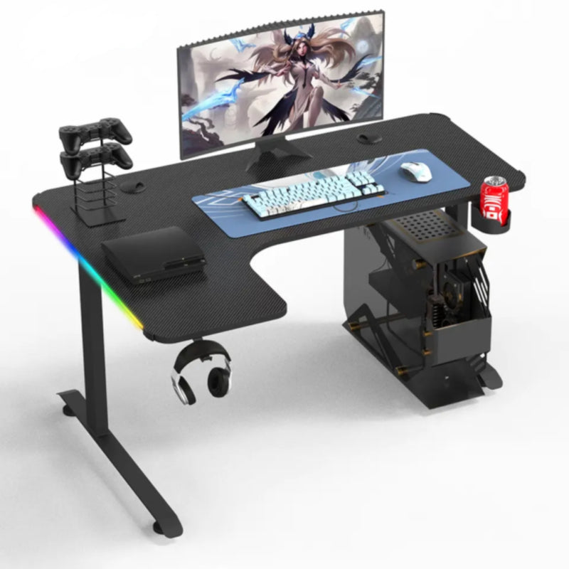 L-Shaped 160cm RGB Gaming Desk with Cup & Headset Holder - Black