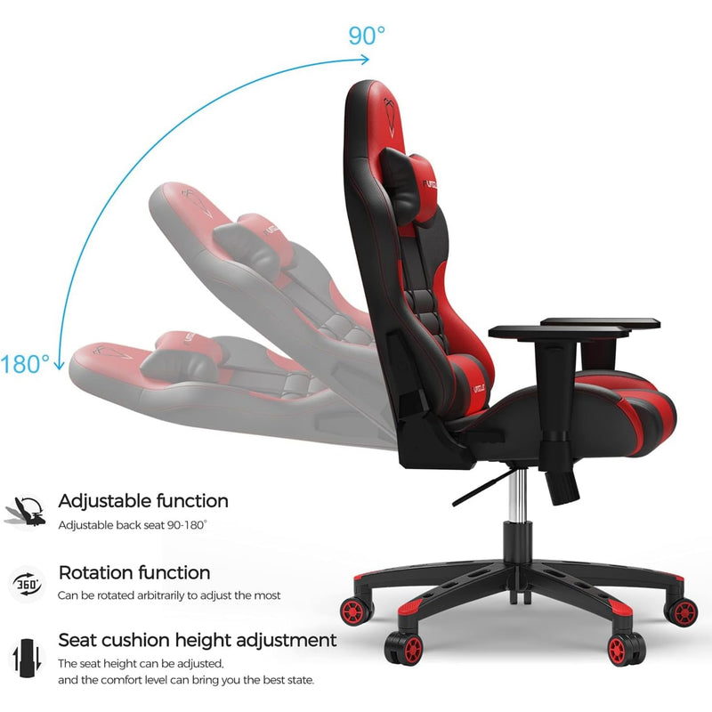 Furgle Gaming Chair, Racing Style High-Back Office Chair with Adjustable Armrests, PU Leather Ergonomic Video Game Chair with Headrest and Lumbar Support, Rocking Mode - Black/Red