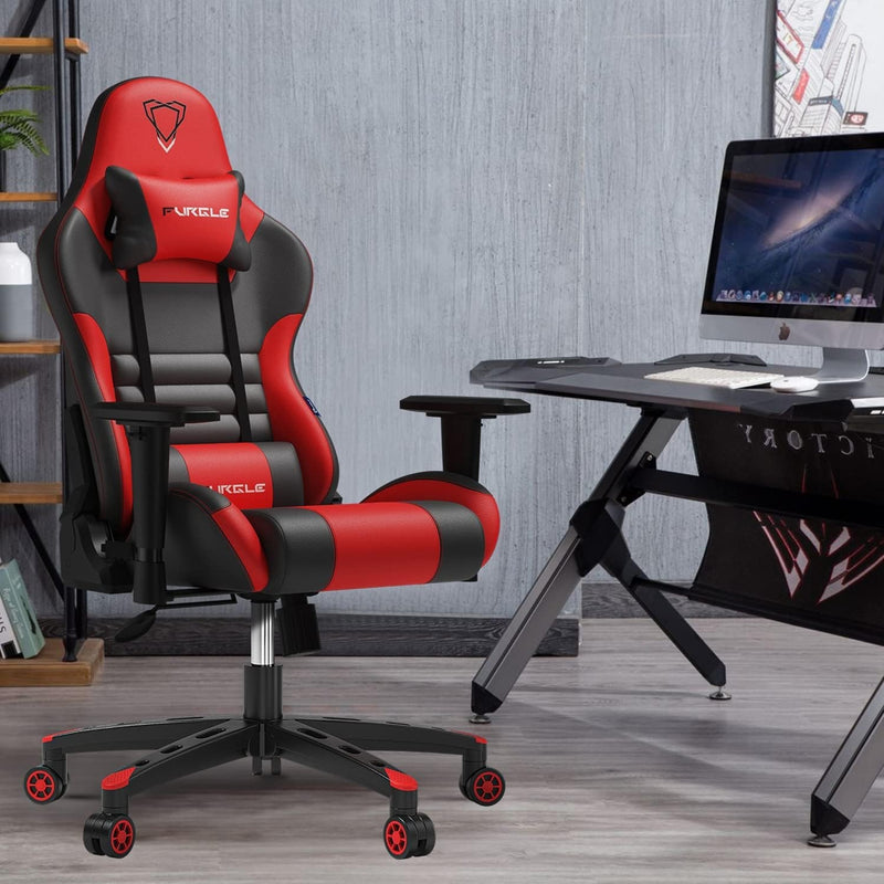 Furgle Gaming Chair, Racing Style High-Back Office Chair with Adjustable Armrests, PU Leather Ergonomic Video Game Chair with Headrest and Lumbar Support, Rocking Mode - Black/Red