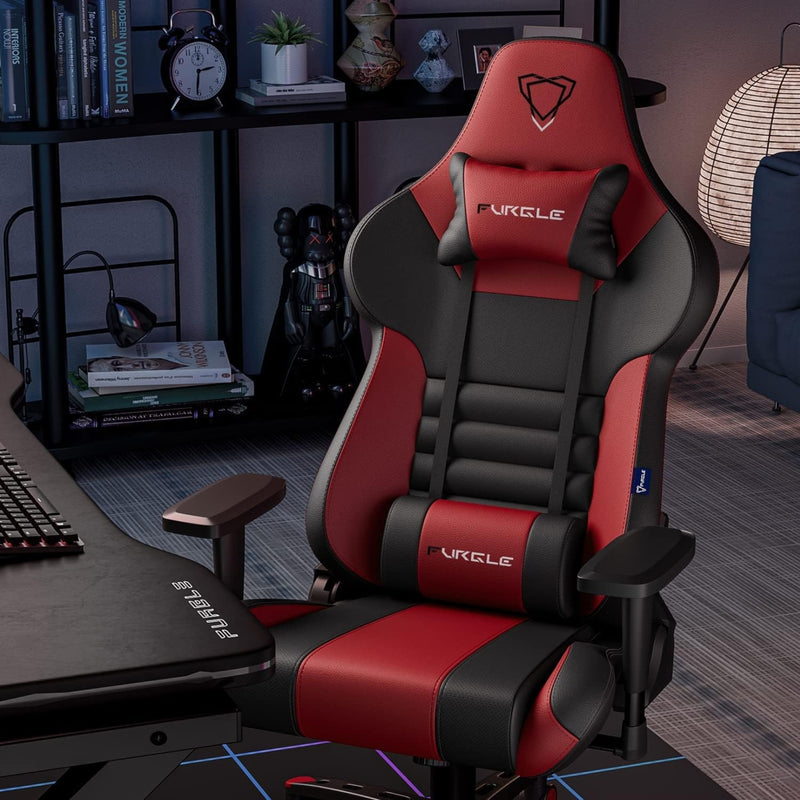 Furgle Gaming Chair, Racing Style High-Back Office Chair with Adjustable Armrests, PU Leather Ergonomic Video Game Chair with Headrest and Lumbar Support, Rocking Mode - Black/Red