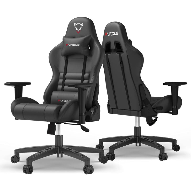 Furgle Gaming Chair, Racing Style High-Back Office Chair with Adjustable Armrests, PU Leather Ergonomic Video Game Chair with Headrest and Lumbar Support, Rocking Mode - Black