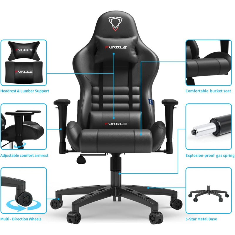 Furgle Gaming Chair, Racing Style High-Back Office Chair with Adjustable Armrests, PU Leather Ergonomic Video Game Chair with Headrest and Lumbar Support, Rocking Mode - Black