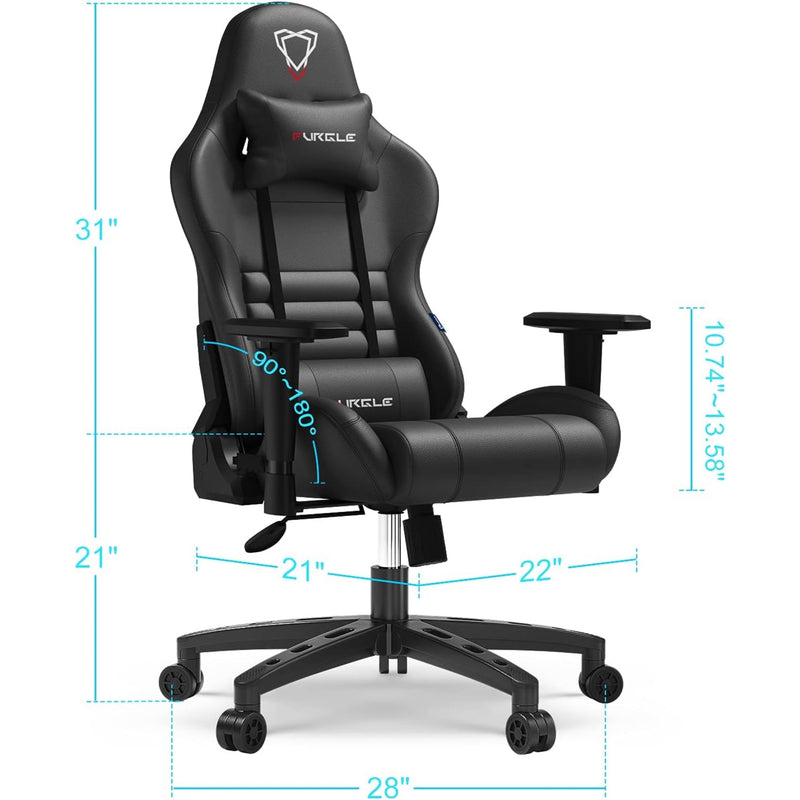 Furgle Gaming Chair, Racing Style High-Back Office Chair with Adjustable Armrests, PU Leather Ergonomic Video Game Chair with Headrest and Lumbar Support, Rocking Mode - Black