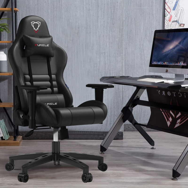 Furgle Gaming Chair, Racing Style High-Back Office Chair with Adjustable Armrests, PU Leather Ergonomic Video Game Chair with Headrest and Lumbar Support, Rocking Mode - Black