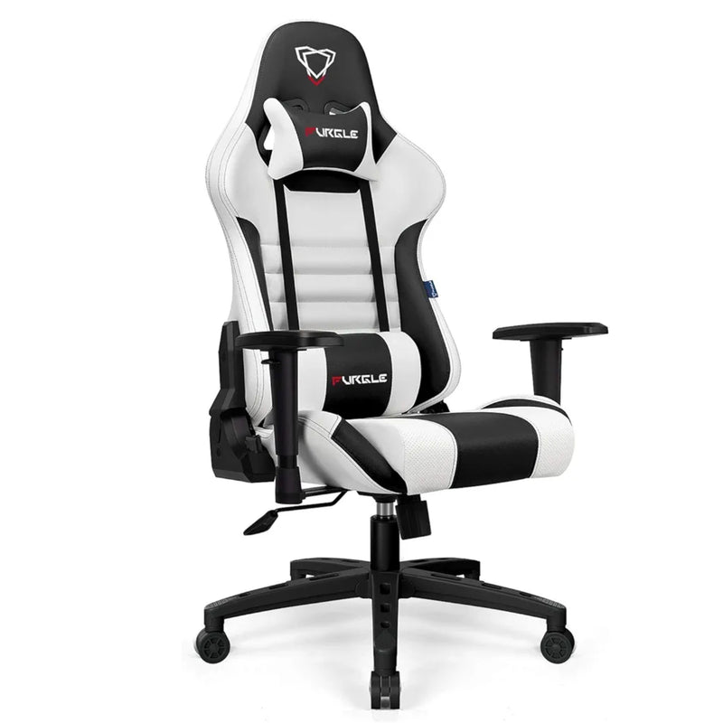 Furgle Gaming Chair, Racing Style High-Back Office Chair with Adjustable Armrests, PU Leather Ergonomic Video Game Chair with Headrest and Lumbar Support, Rocking Mode - White