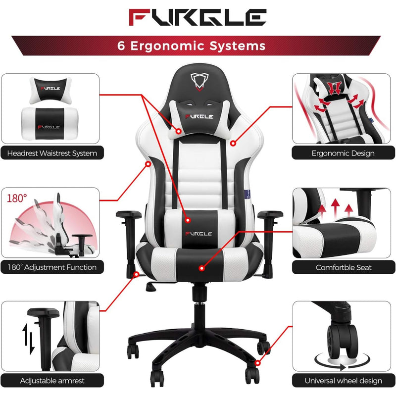 Furgle Gaming Chair, Racing Style High-Back Office Chair with Adjustable Armrests, PU Leather Ergonomic Video Game Chair with Headrest and Lumbar Support, Rocking Mode - White