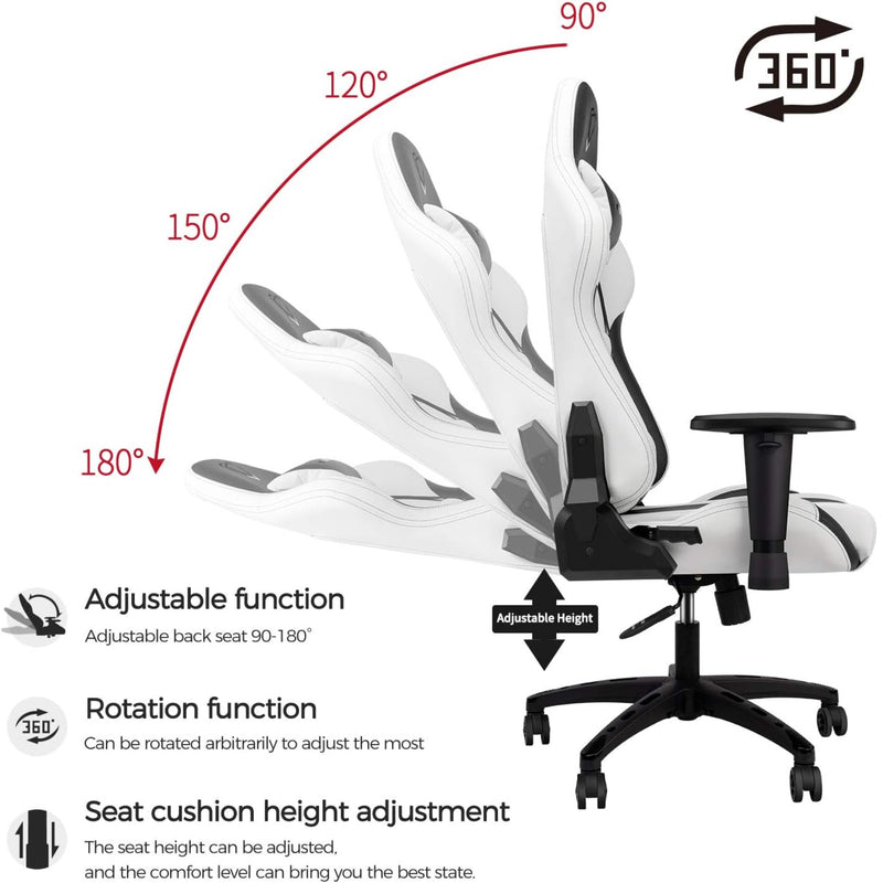 Furgle Gaming Chair, Racing Style High-Back Office Chair with Adjustable Armrests, PU Leather Ergonomic Video Game Chair with Headrest and Lumbar Support, Rocking Mode - White